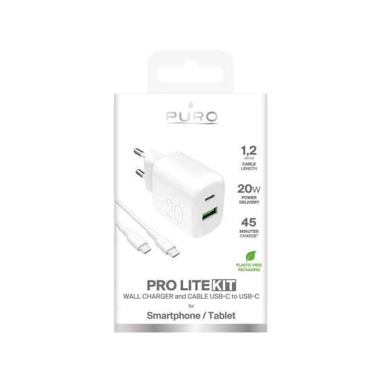PURO Ładowarka sieciowa USB-A USB-C 20W z kablem USB-C 1.2m - biała