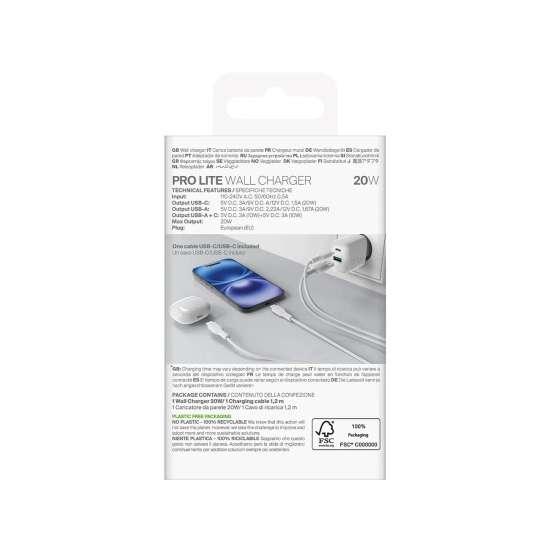 PURO Ładowarka sieciowa USB-A USB-C 20W z kablem USB-C 1.2m - biała