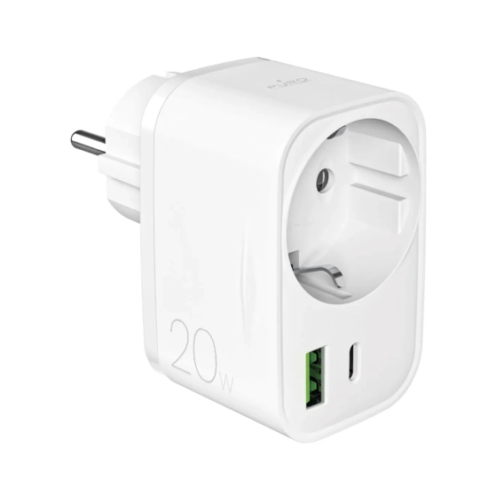 PURO Ładowarka sieciowa USB-A USB-C z gniazdem Schuko PD 20W - biała