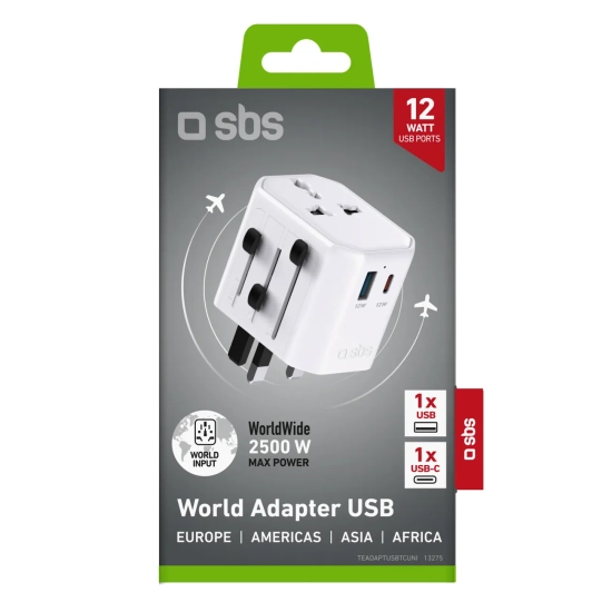 SBS Adapter sieciowy podróżny uniwersalny USB-C USB-A EU UK US AUS - biały