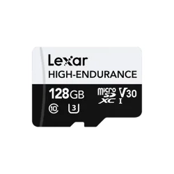 Karta pamięci Lexar High Endurance 128 GB, format microSDXC, model LMSHGED128G-BCNNG, kolor czarny/biały.