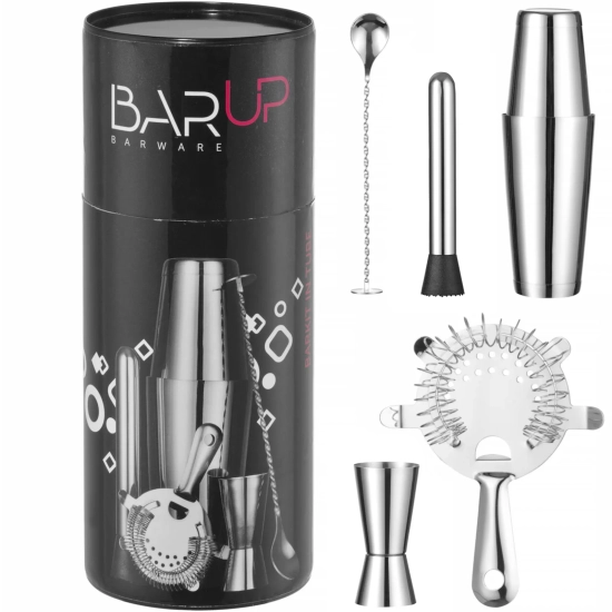 Bar Up Zestaw barmański w tubie shaker jigger sitko muddler łyżka - srebrny