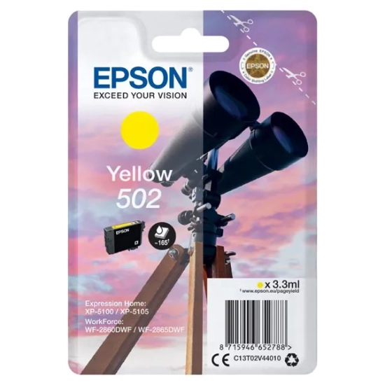 Oryginalny tusz Epson 502 T02V440 C13T02V44010, żółty, 3,3 ml, 165 stron