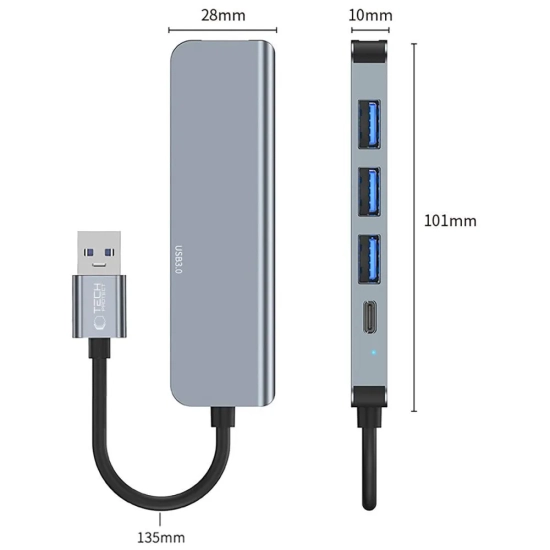 Tech-Protect 5w1 HUB rozdzielacz USB-A na USB-A USB-C - szary