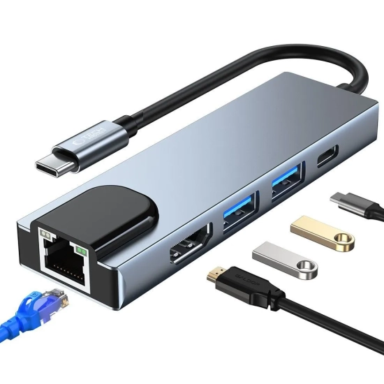 Tech-Protect 5w1 HUB rozdzielacz USB-C na USB-C USB-A HDMI RJ45 - szary